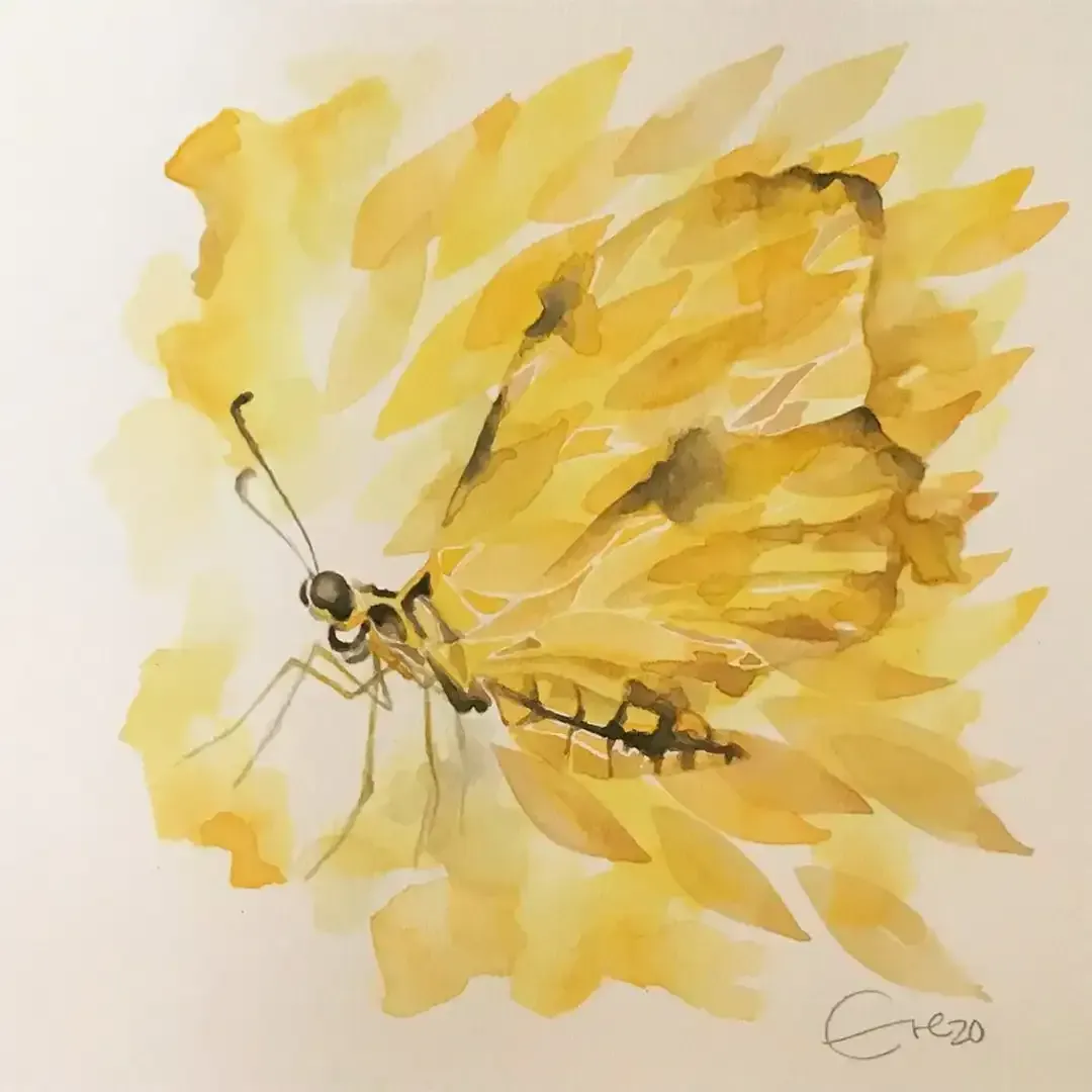 A watercolor painting of a yellow butterfly by grego