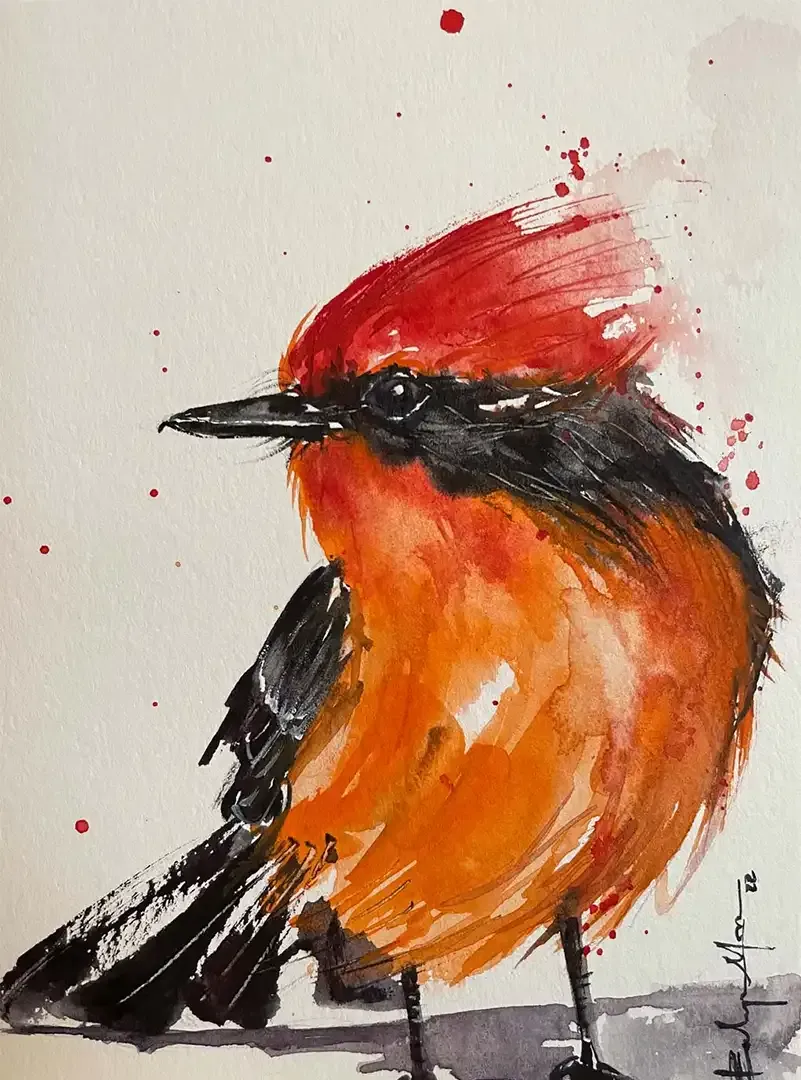 A painting of a bird with a red head