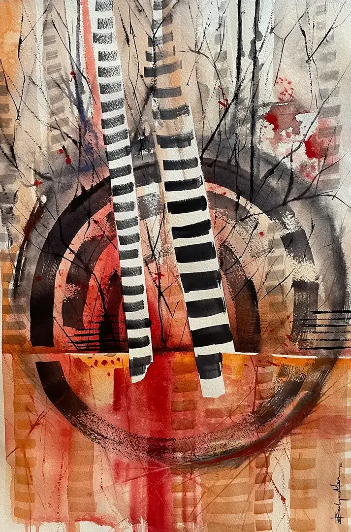 A painting of a person wearing striped socks with a circle in the middle.