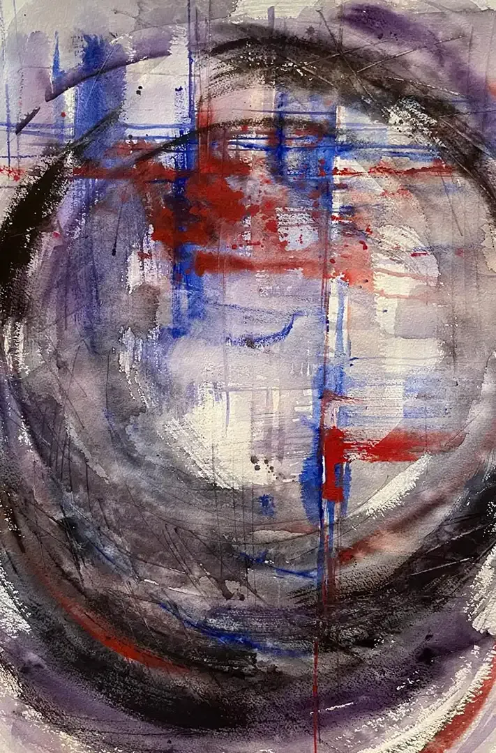 A close up of a painting with a circle in the middle of it.