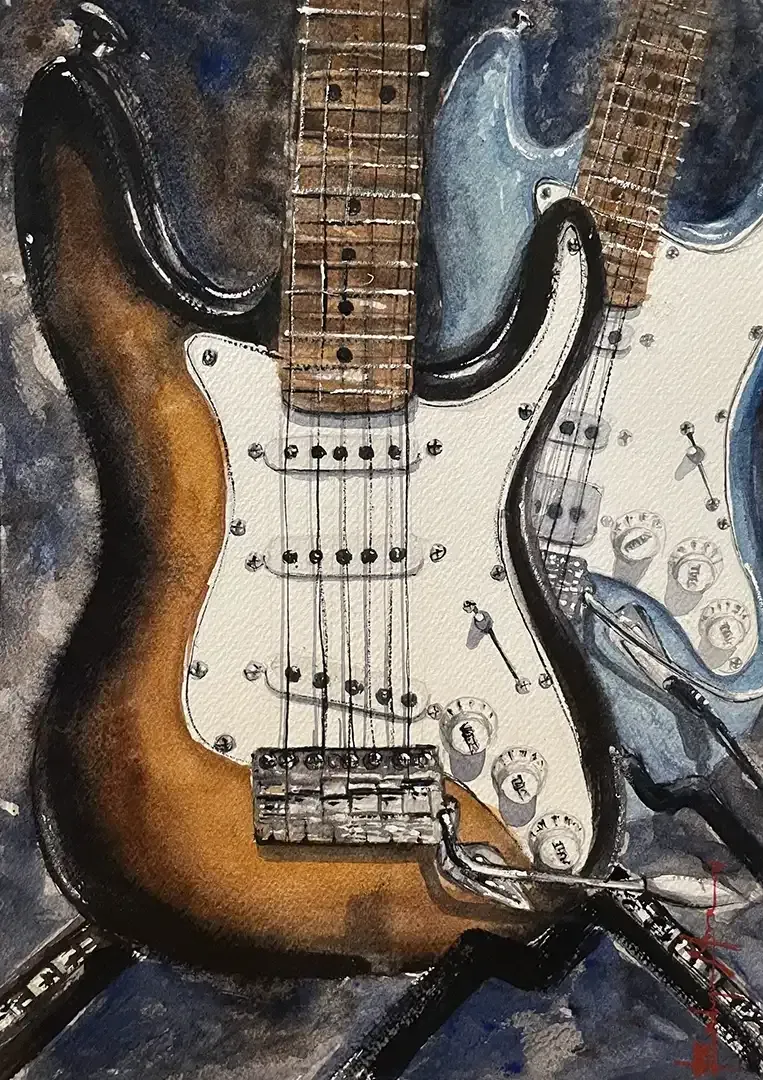 A painting of two electric guitars sitting on top of each other.