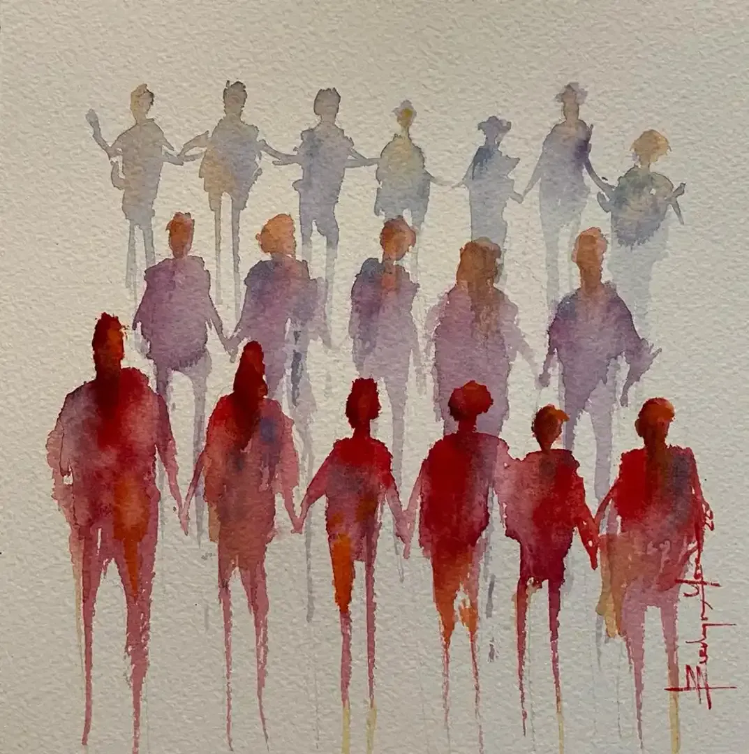 A watercolor painting of a group of people holding hands