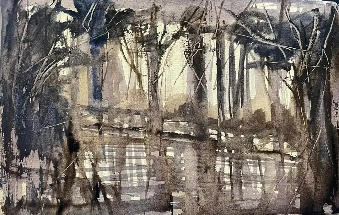 It is a painting of a river with trees in the background.