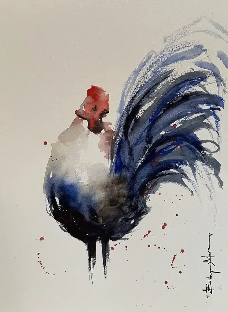 A watercolor painting of a rooster with a blue tail