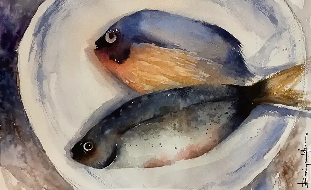 A watercolor painting of two fish in a bowl