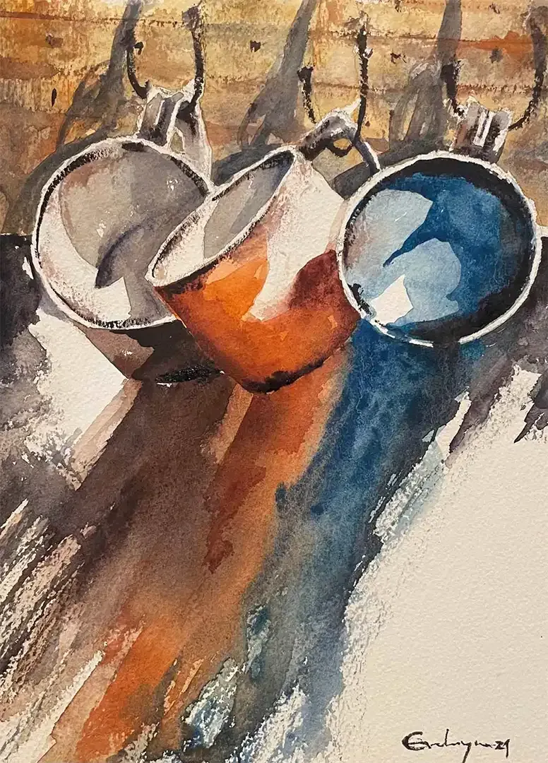 A watercolor painting of three coffee cups hanging on a wall