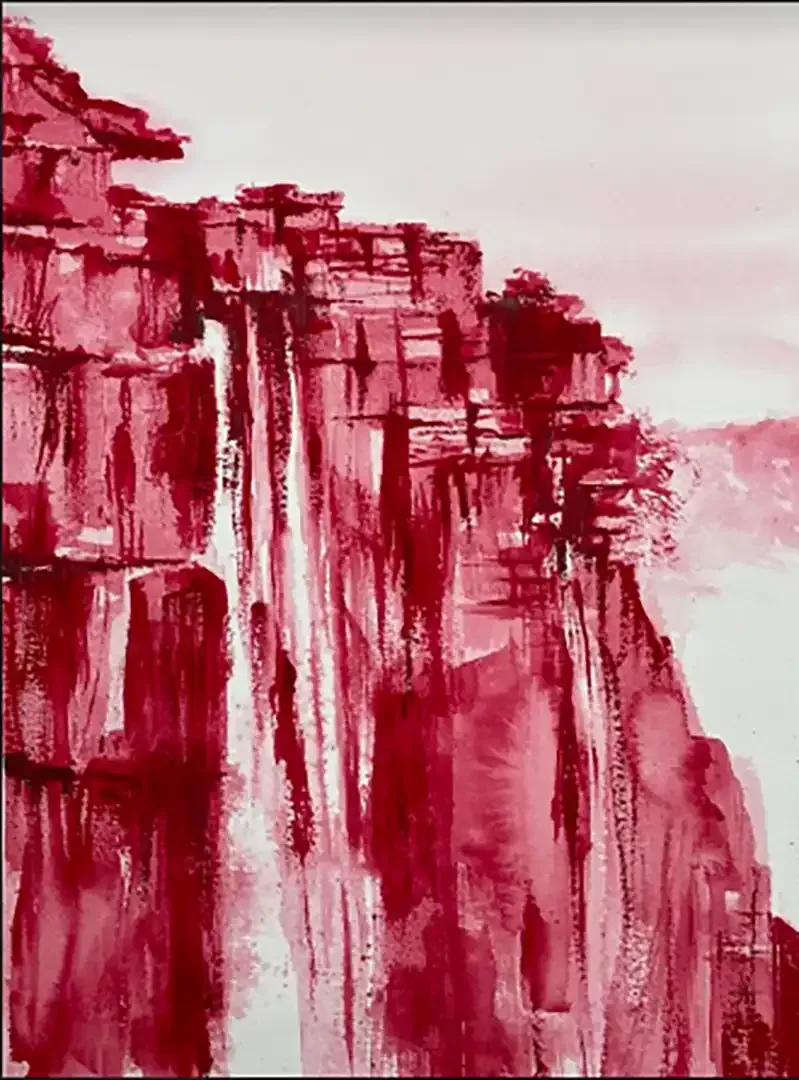 A painting of a red cliff with a waterfall in the background