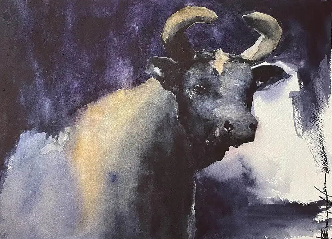 A painting of a bull with horns on a purple background.