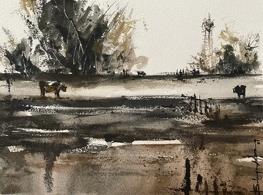 A painting of a horse standing in a field with trees in the background.