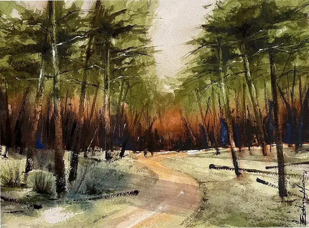 It is a painting of a path in the woods.