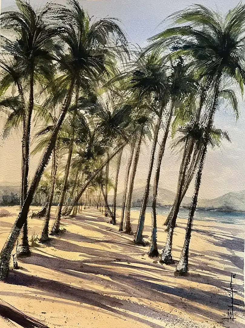 It is a painting of palm trees on a beach.