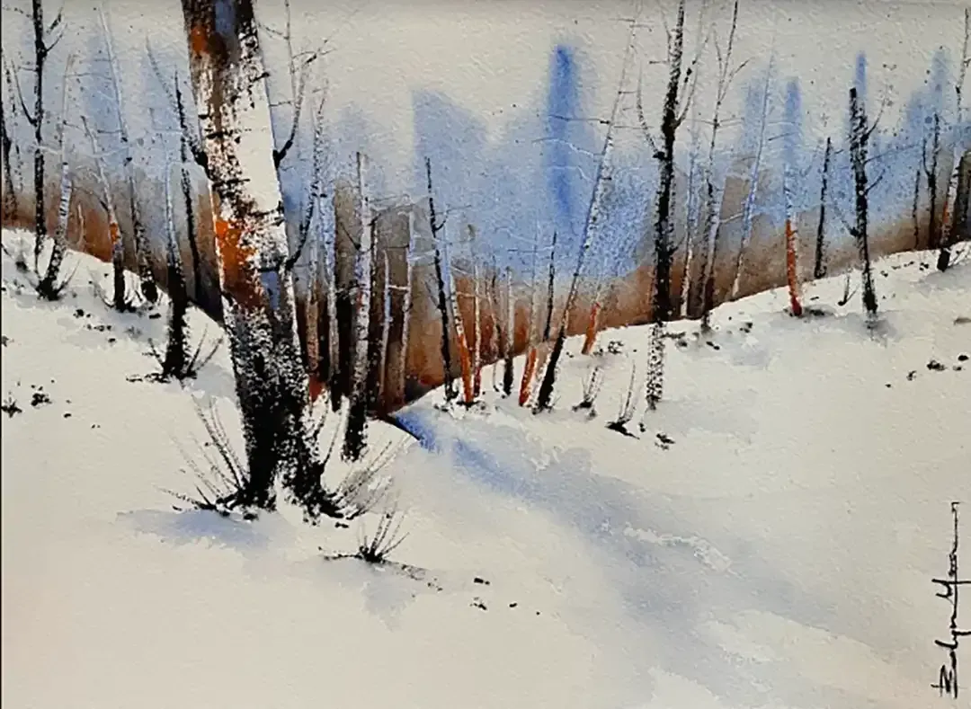 A painting of a snowy forest with trees covered in snow