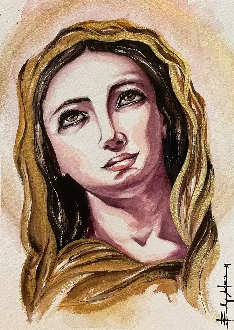 A painting of a woman with a veil on her head.