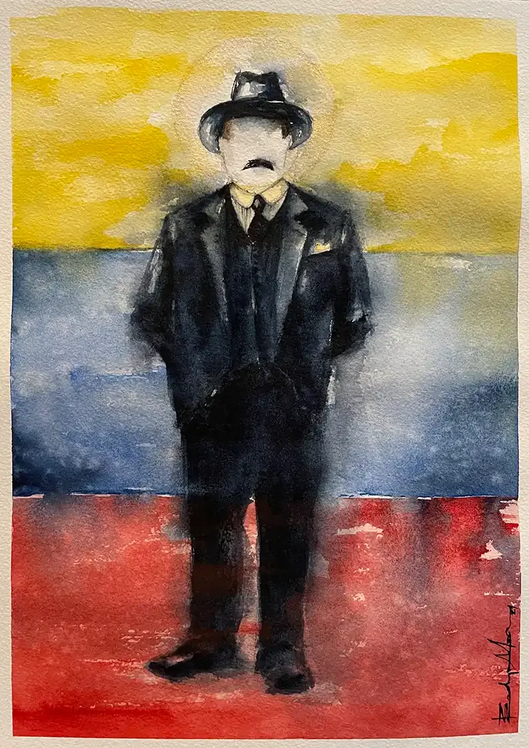 A painting of a man in a suit and hat standing in front of a flag.