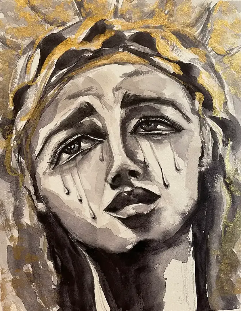 A black and white painting of a woman with tears running down her face.