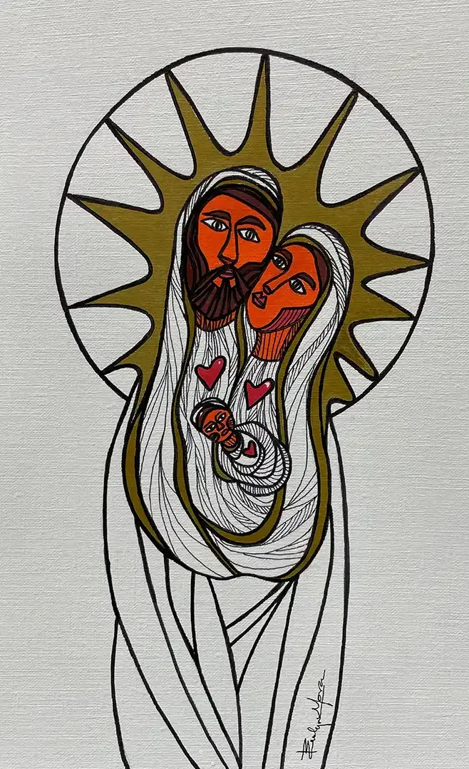 A drawing of a man and woman holding a baby with a sun in the background.