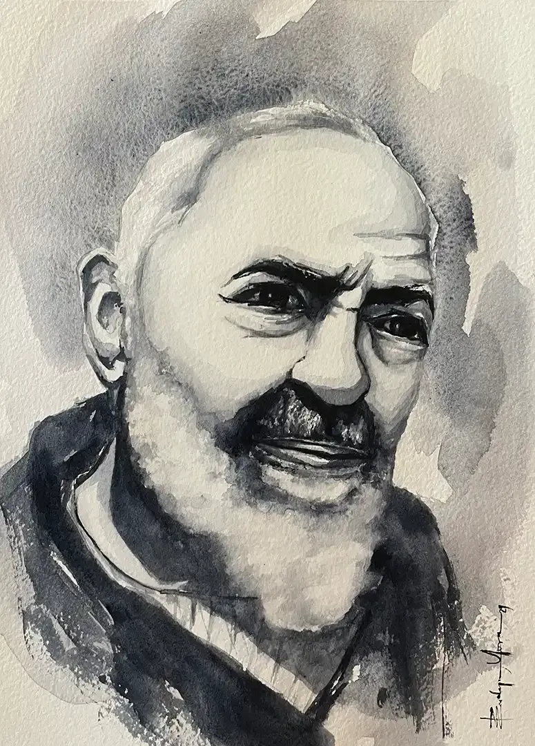 A black and white painting of a man with a beard