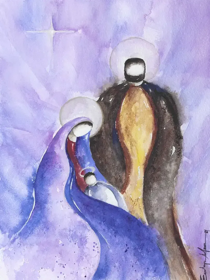 It is a watercolor painting of a holy family.