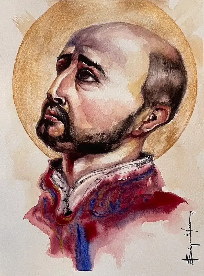 A painting of a man with a beard and a halo on his head.