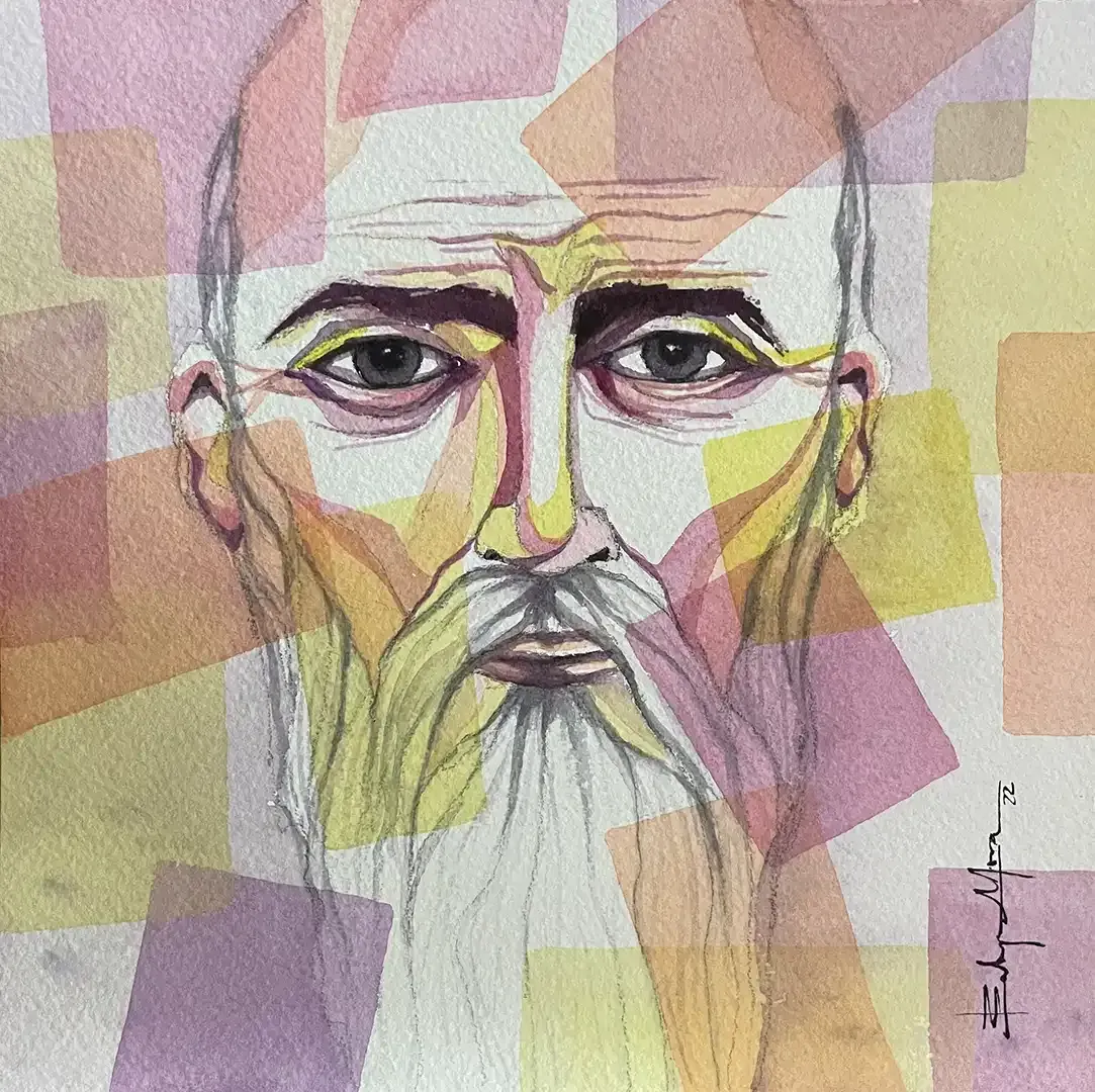 A painting of a man with a beard is signed by the artist