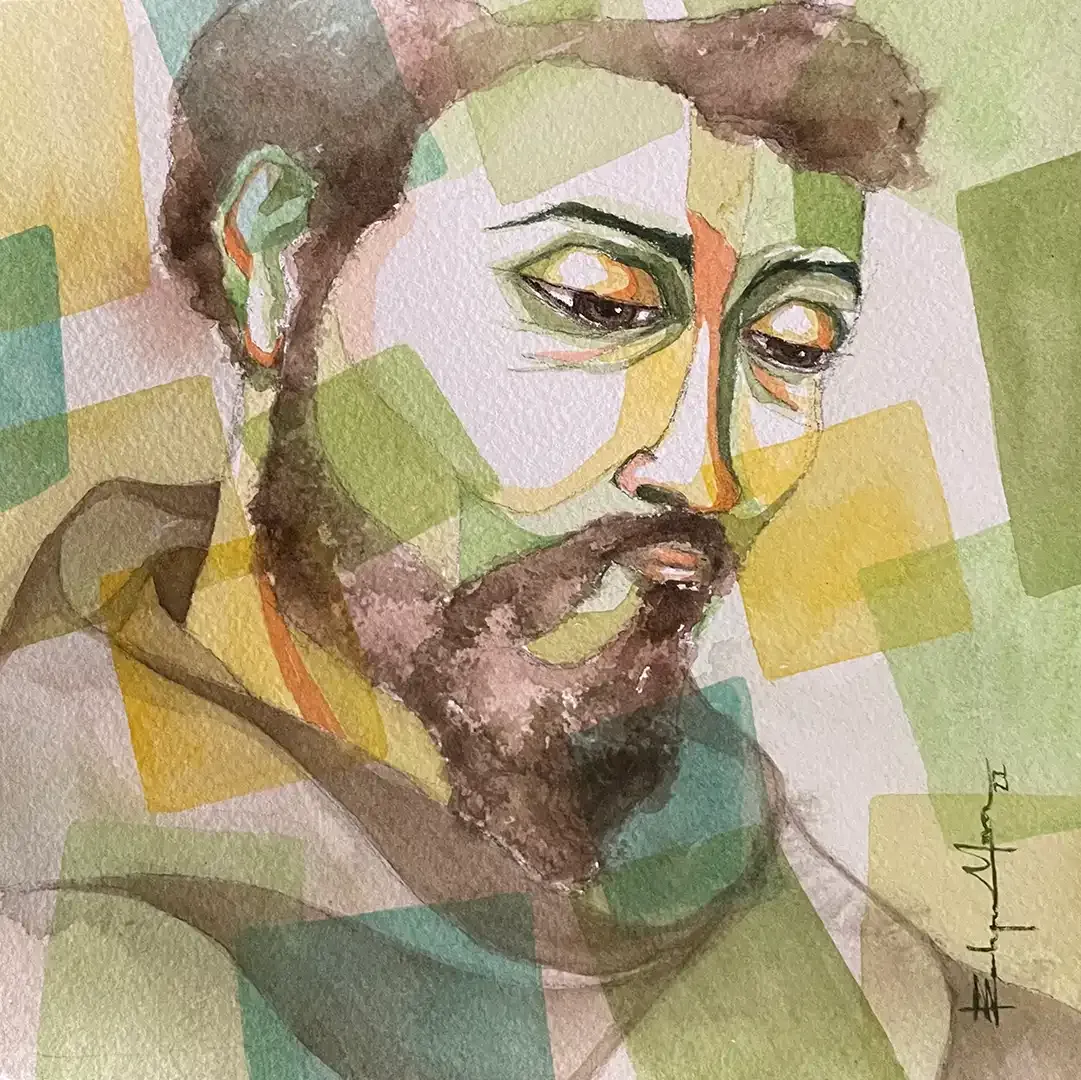 A watercolor painting of a man with a beard