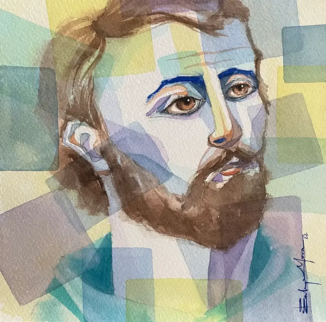 A watercolor painting of a man with a beard
