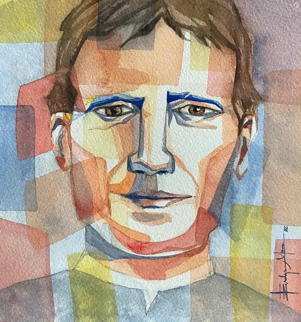 A colorful watercolor painting of a man 's face