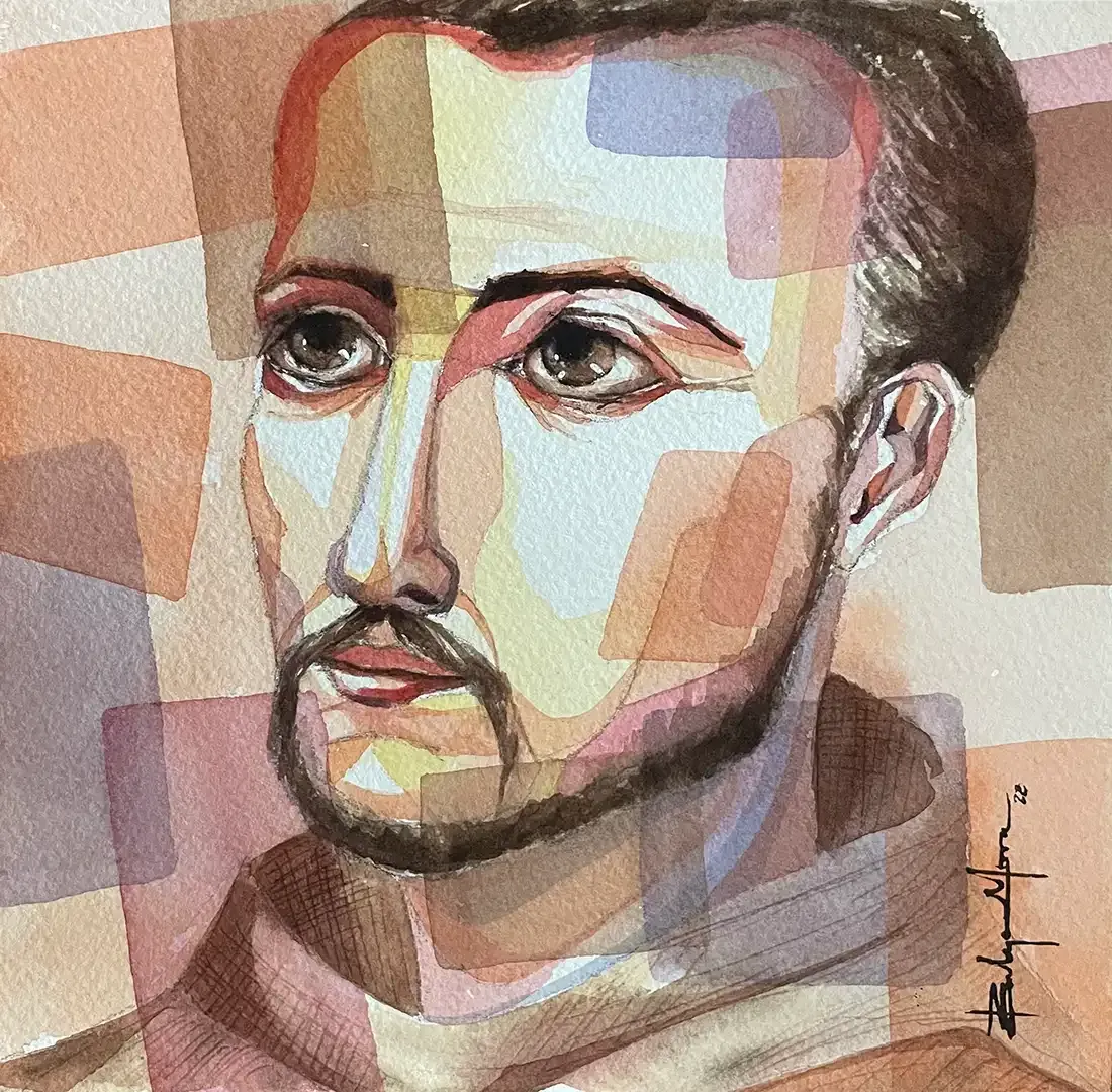 A watercolor painting of a man with a beard