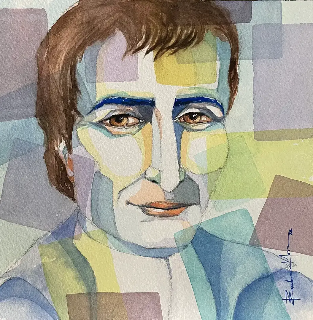 A watercolor painting of a man 's face with a signature on the bottom right