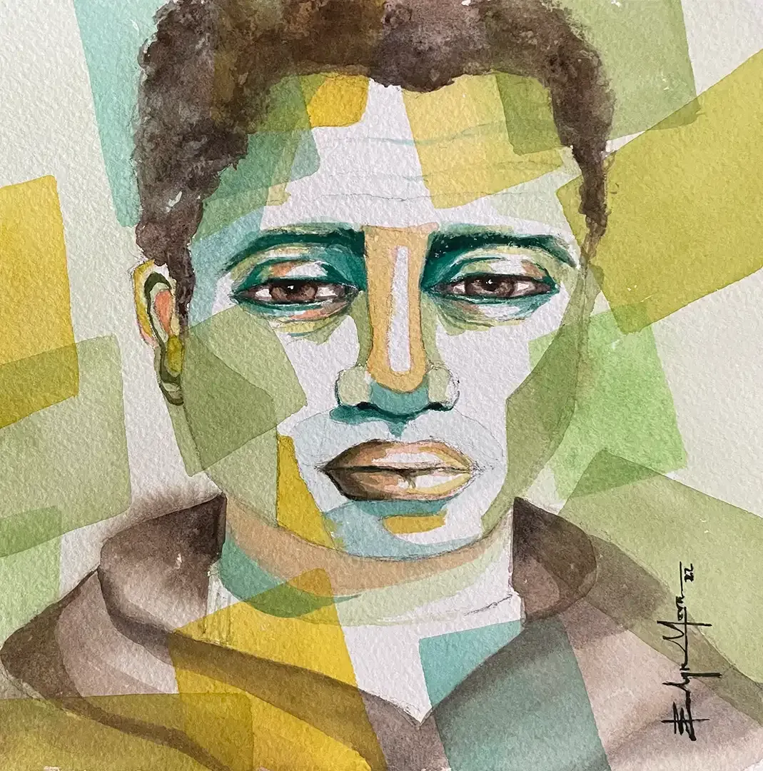 A watercolor painting of a man 's face with a signature on the bottom right