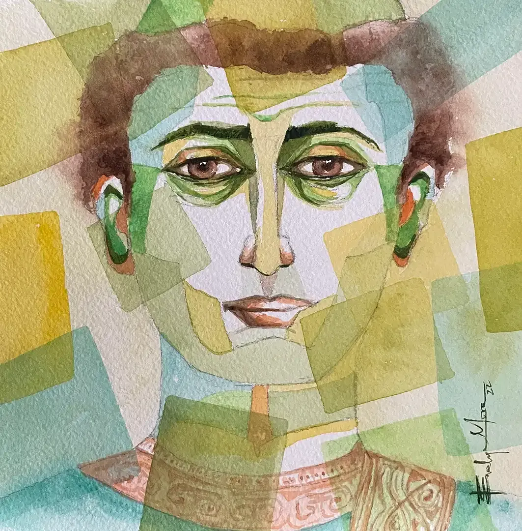 A painting of a man 's face with a signature on the bottom right