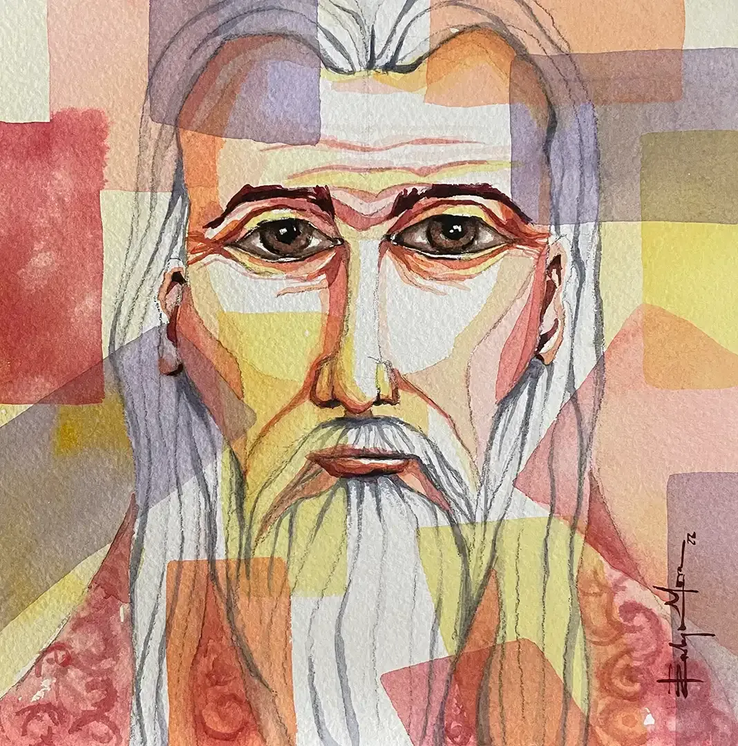 A painting of a man with long hair and a beard