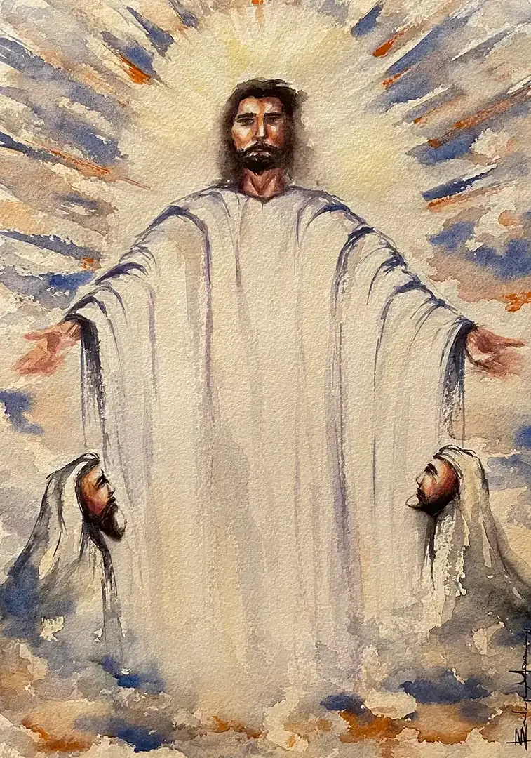 A painting of jesus standing in the clouds with his arms outstretched.