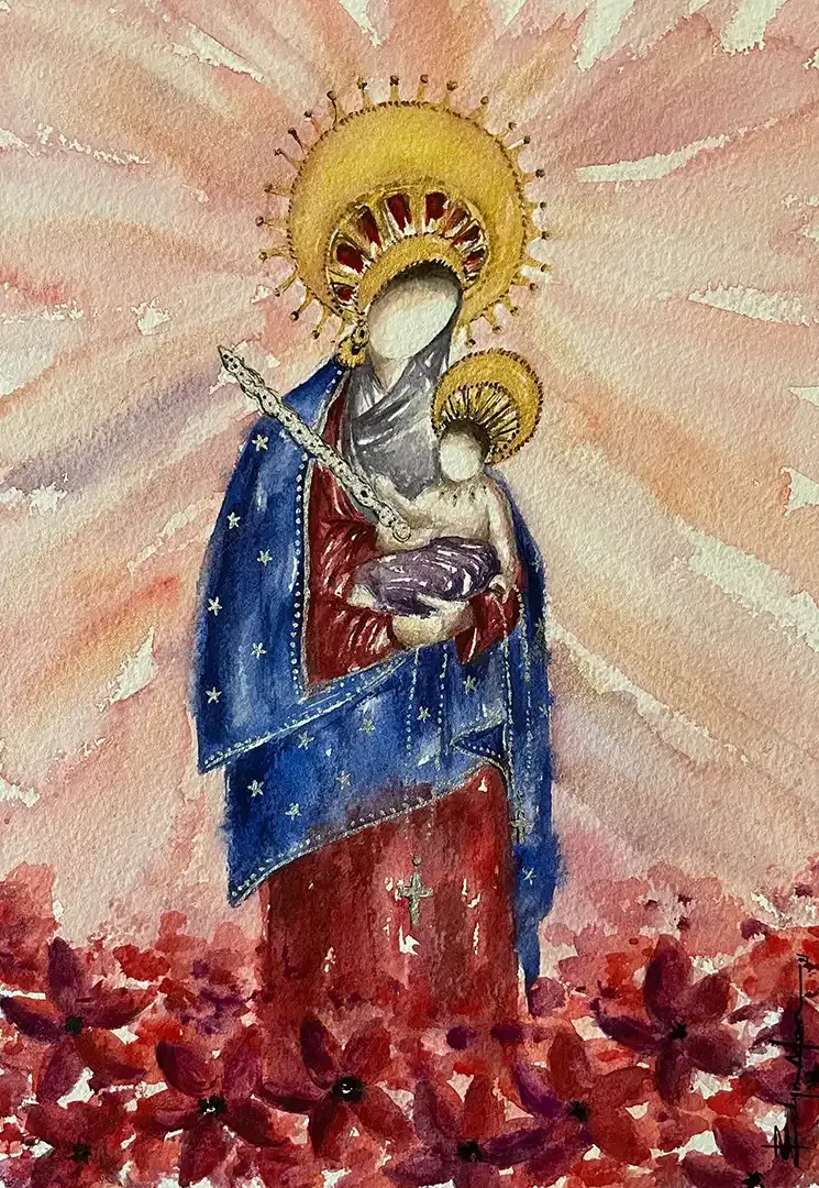 A painting of a woman holding a baby in her arms surrounded by red flowers.