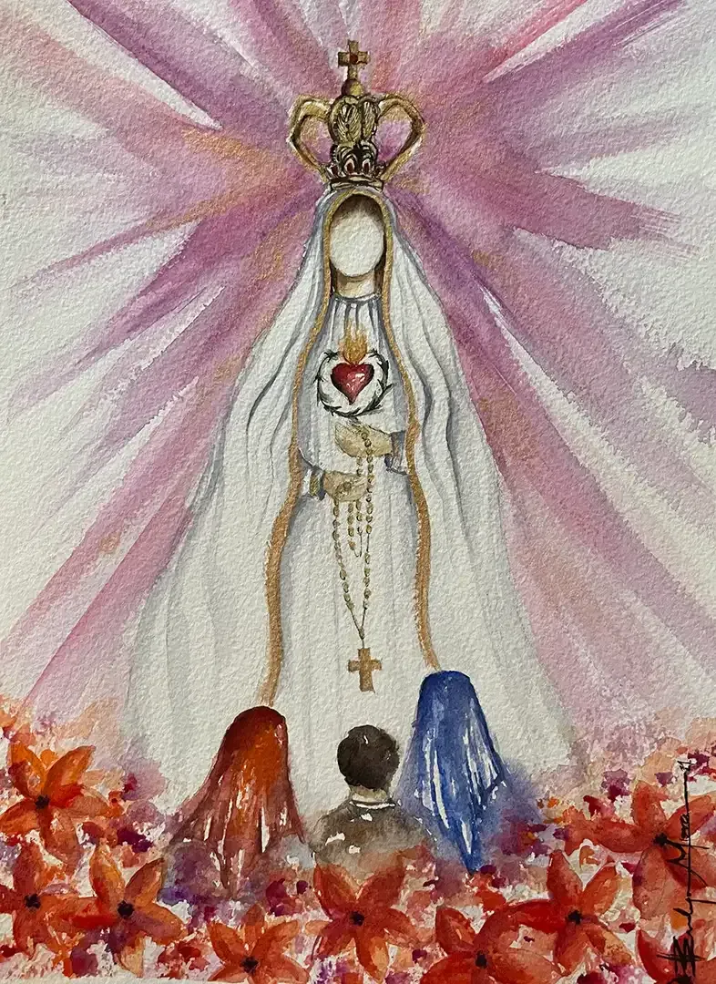 A watercolor painting of the virgin mary surrounded by flowers.