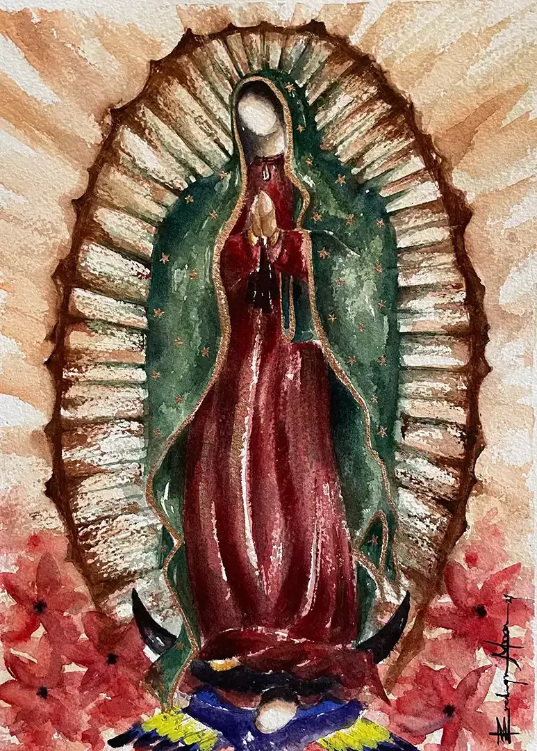 A painting of the virgin mary in a red dress surrounded by flowers.