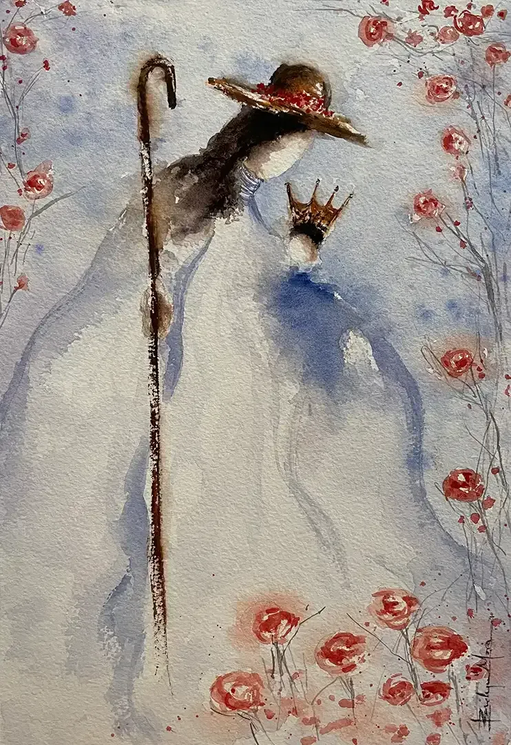 A painting of a woman in a white dress holding a cane and a crown.