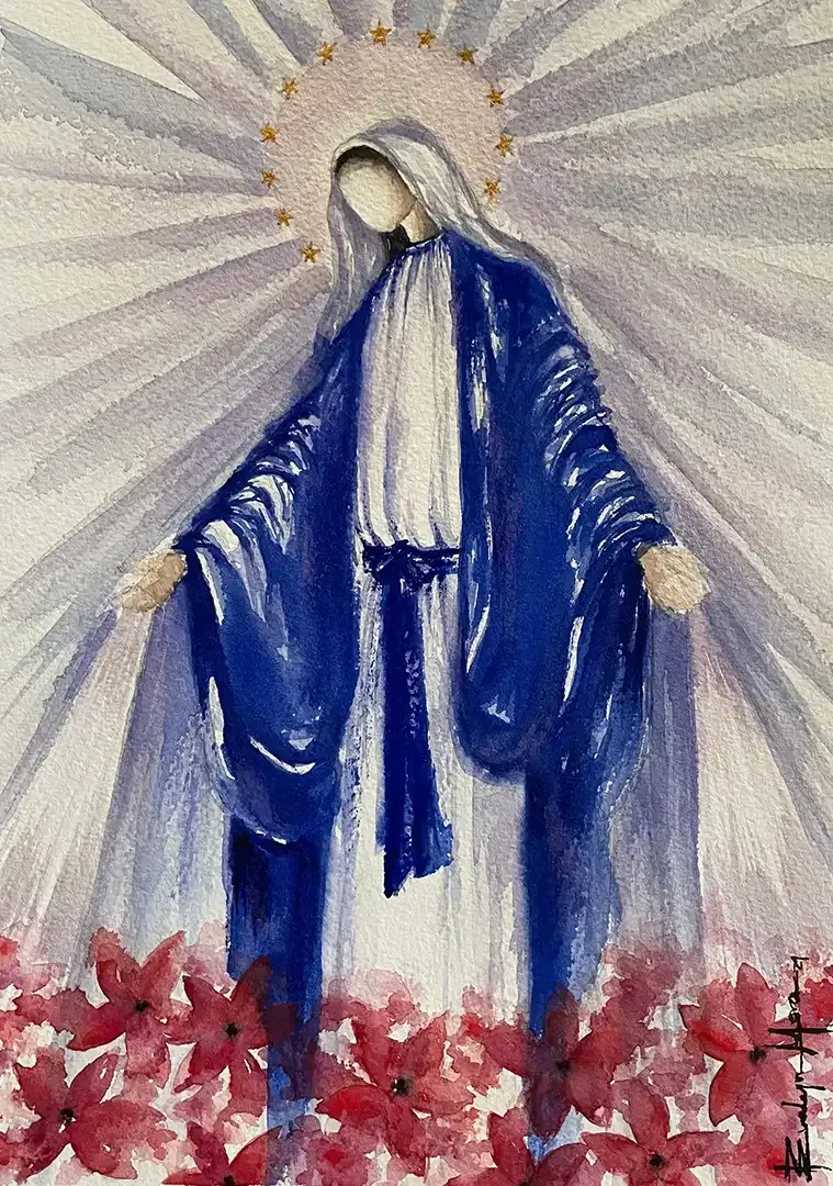 A painting of the virgin mary surrounded by red flowers