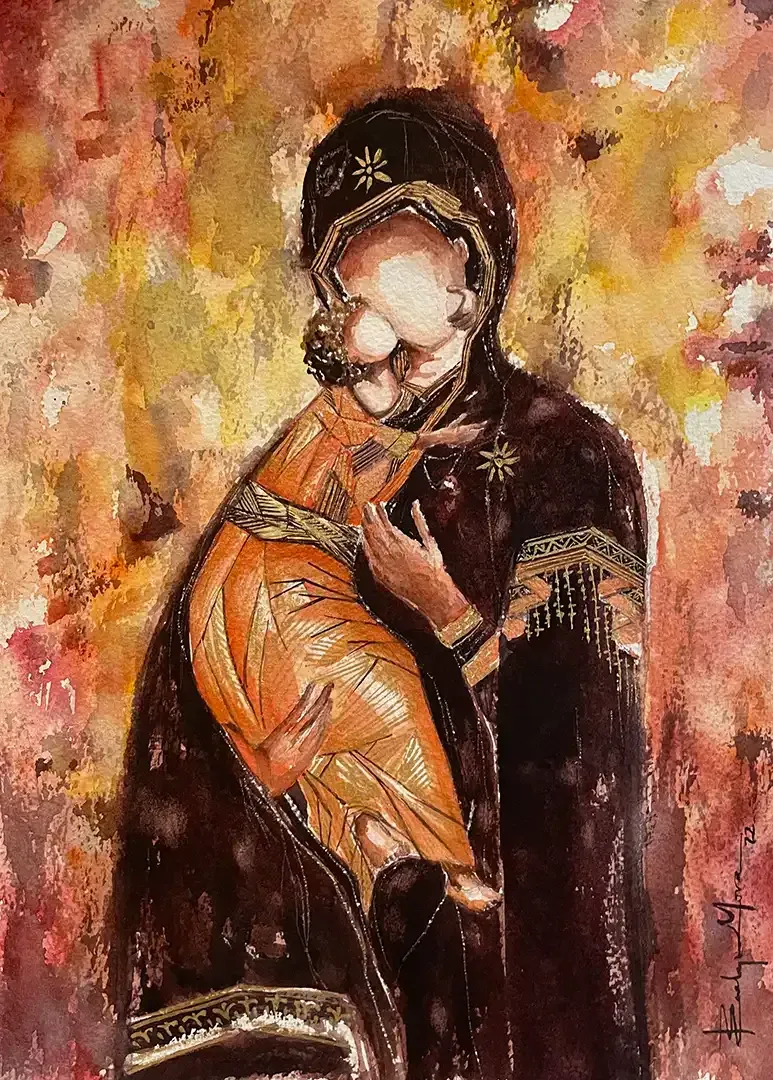 A painting of a woman holding a baby in her arms.