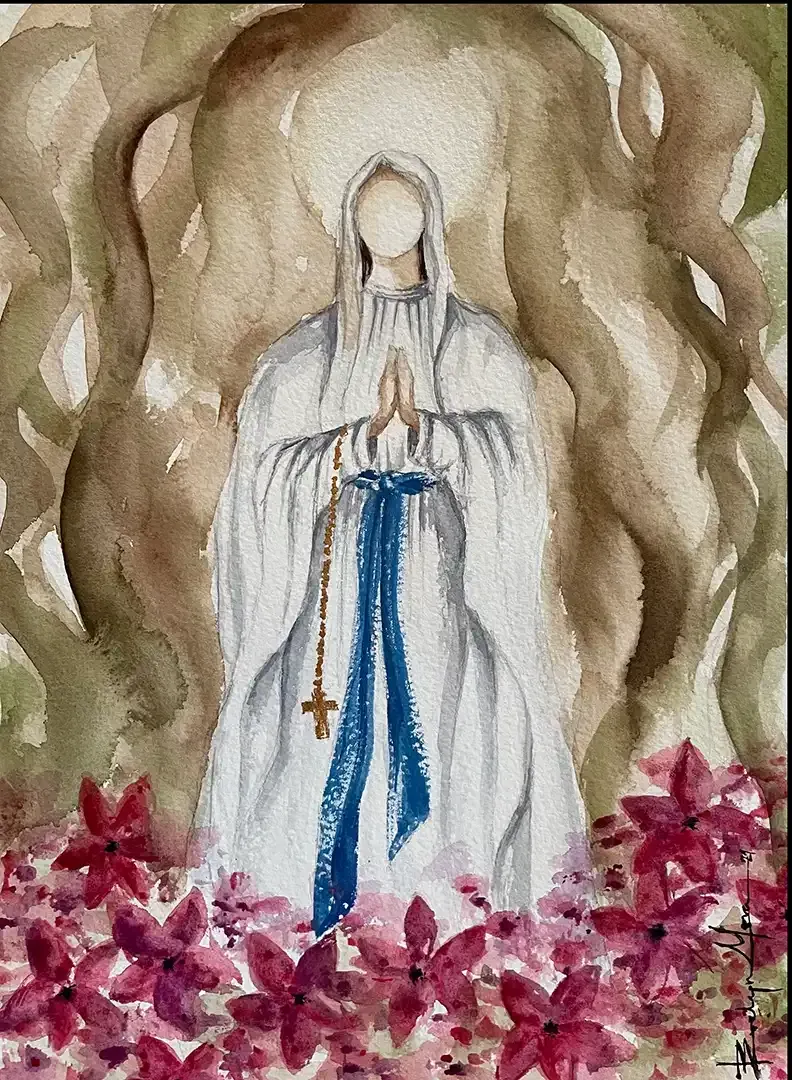 A painting of the virgin mary surrounded by pink flowers.