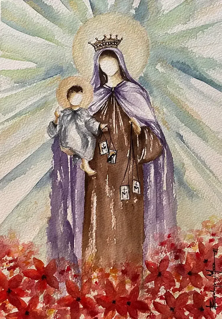 A painting of a woman holding a baby in a field of red flowers.