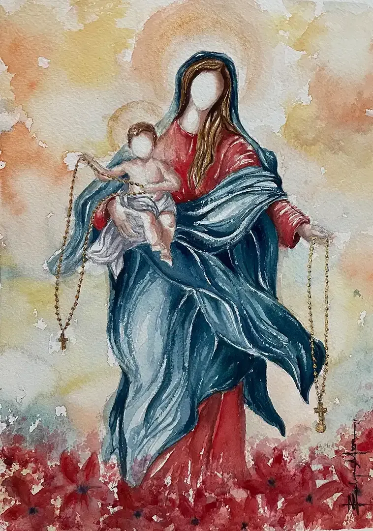 A painting of a woman holding a baby and a rosary.