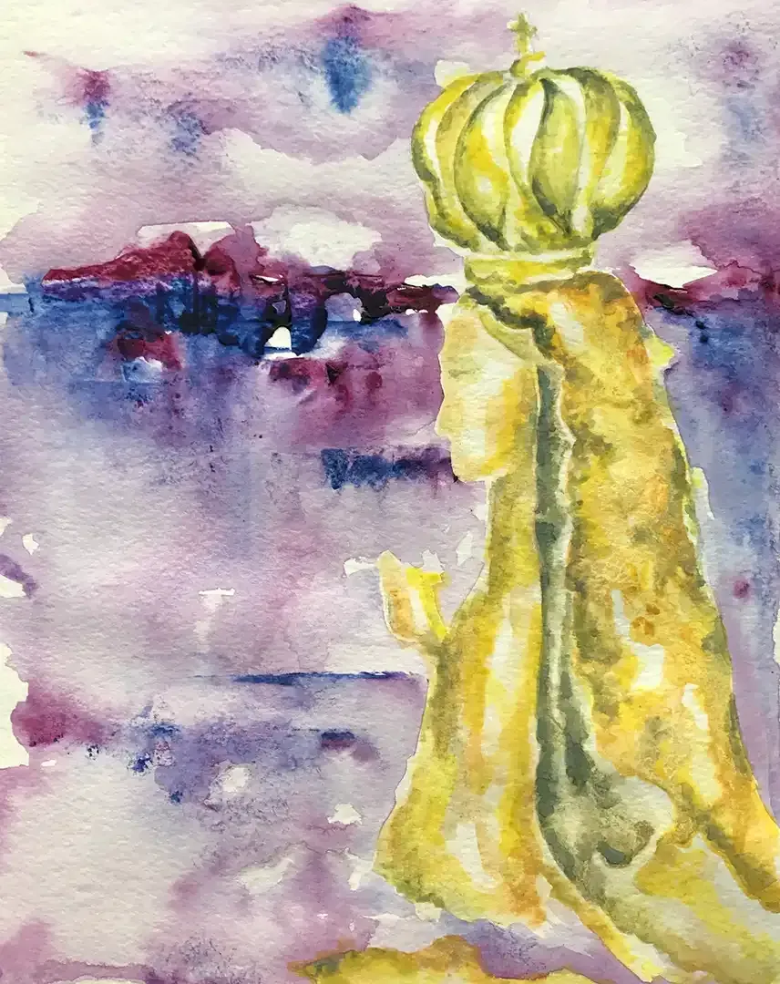 A watercolor painting of a statue with a crown on its head.