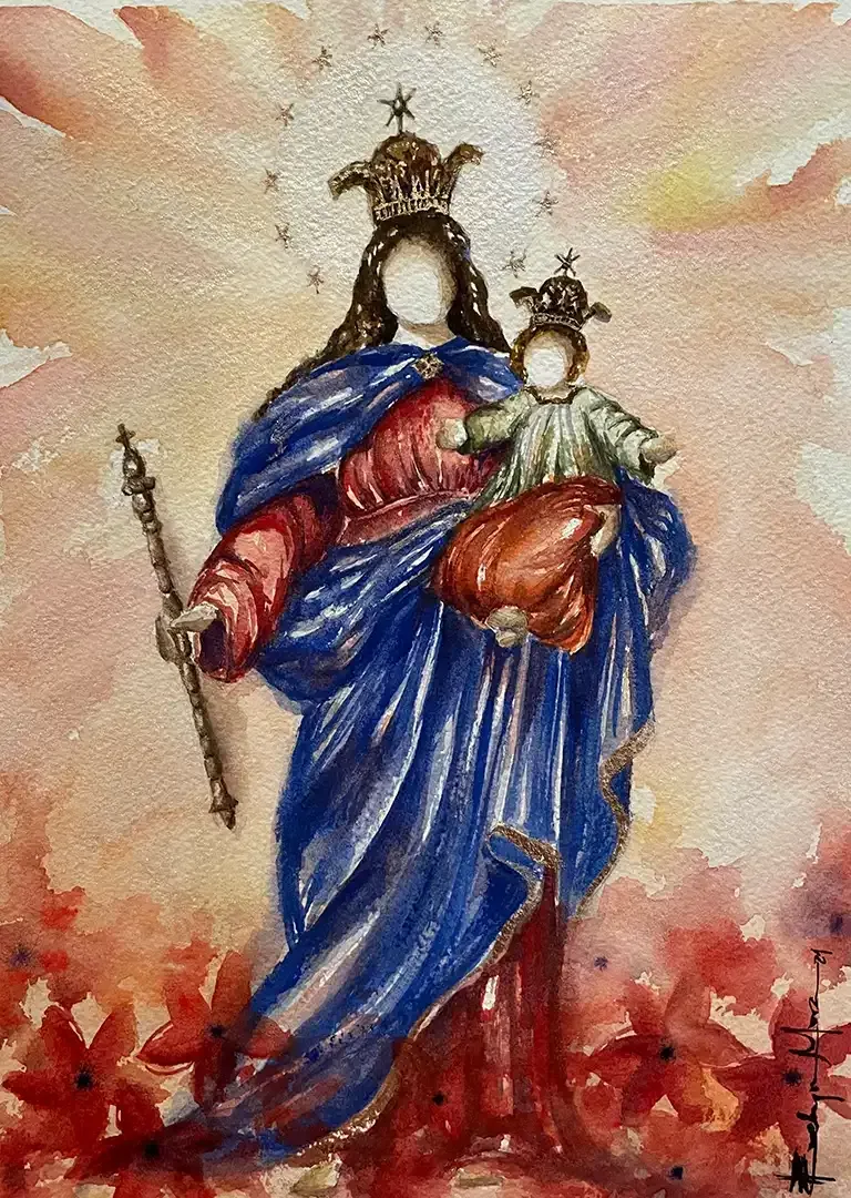 A painting of a woman holding a baby in her arms.