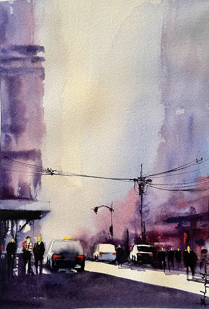 A watercolor painting of a city street with cars and people.