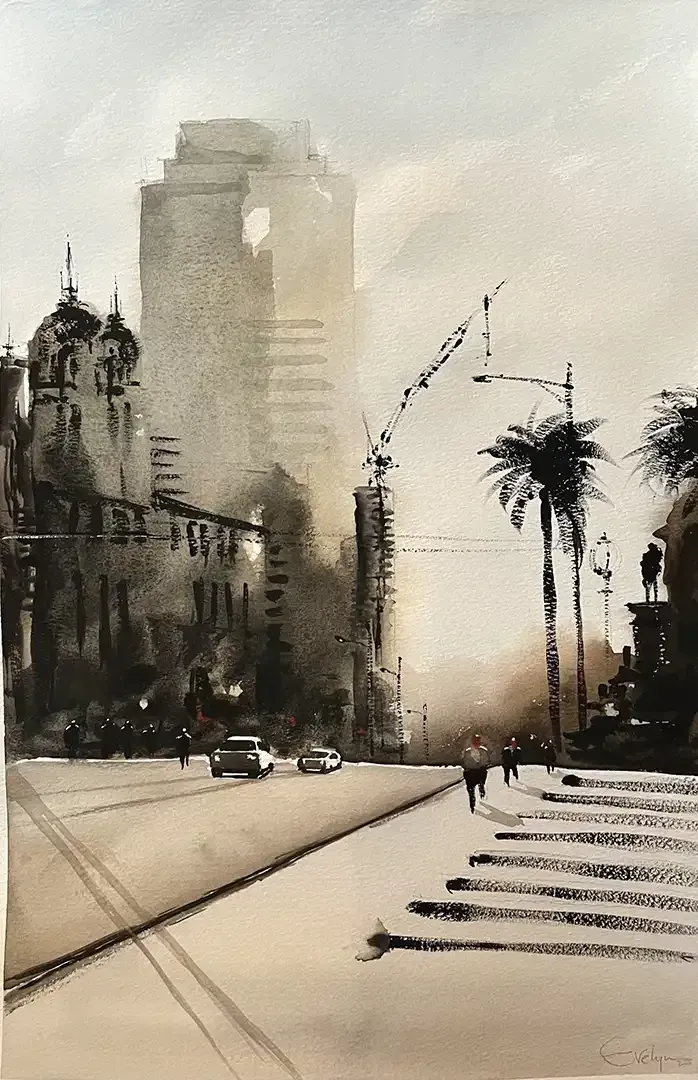 A black and white painting of a city street with a tall building in the background.