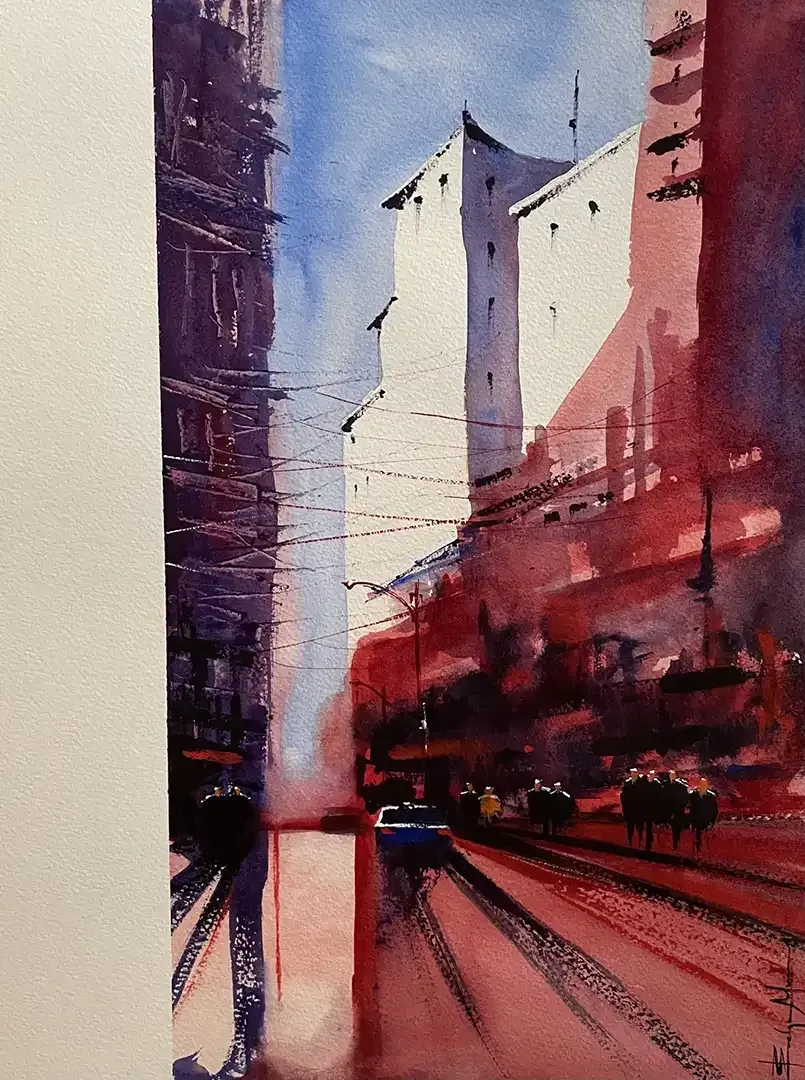 A watercolor painting of a city with buildings and train tracks