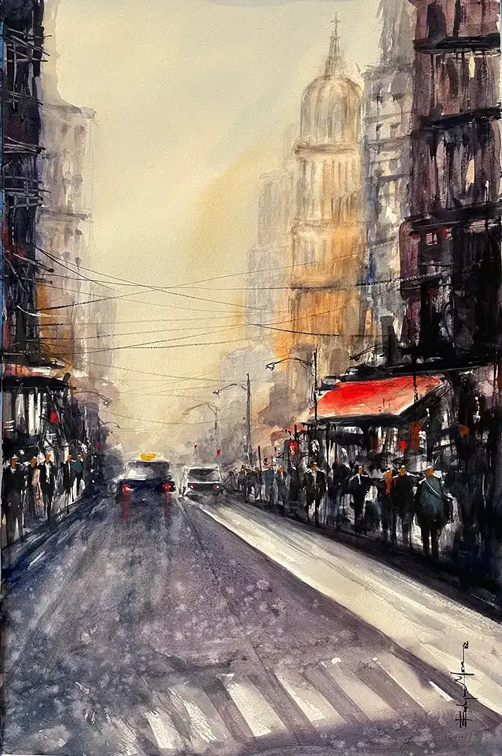 It is a watercolor painting of a city street.