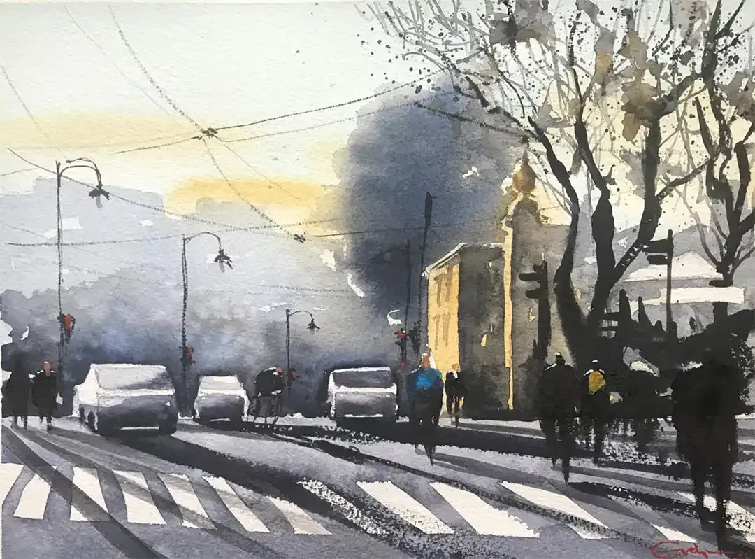 A watercolor painting of a city street with cars and people