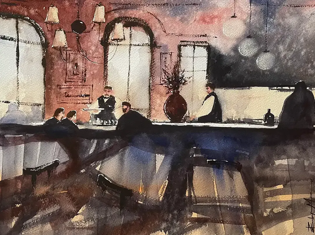 A watercolor painting of people sitting at a bar
